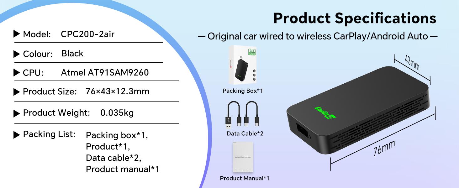 2air CarlinKit 5.0 Wireless CarPlay Wireless Android Auto Box 2.4G&5.8Ghz WiFi BT Auto Connect Plug&Play For Wired AA CP Cars Converter Adapter