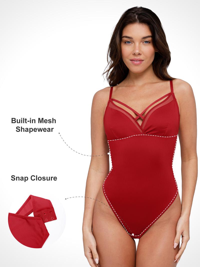 Popilush Sheer Mesh Cut-Out Sleeveless Shapewear Bodysuit Minimalist Spaghetti Strap