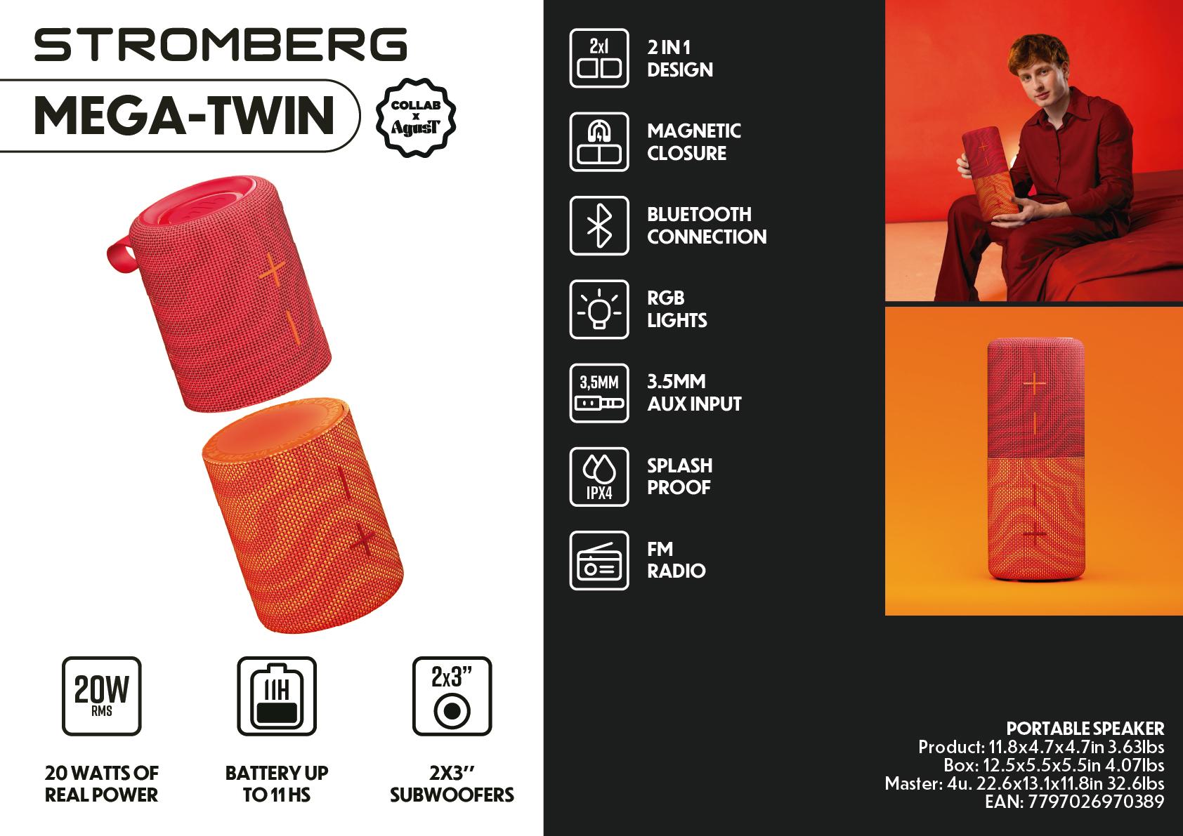 Stromberg MEGA-TWIN Portable Bluetooth Speaker PLUS with 2-in-1 Design IPX4 Water Resistant 10H Playtime TWS Pairing BT5.3 FM Radio 20W Subwoofer for Home Party Outdoor Beach Dophin Audio