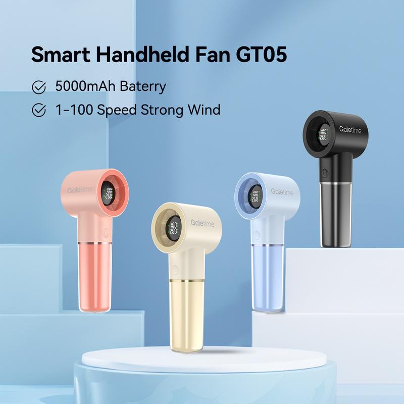 Galetime GT05 Handheld Fan with Time Display & 5000mAh/3500mAh Battery - USB-C Rechargeable Portable Mini Fan, Dual Power Options, Long-Lasting Cooling for Travel, Office, Outdoor Use