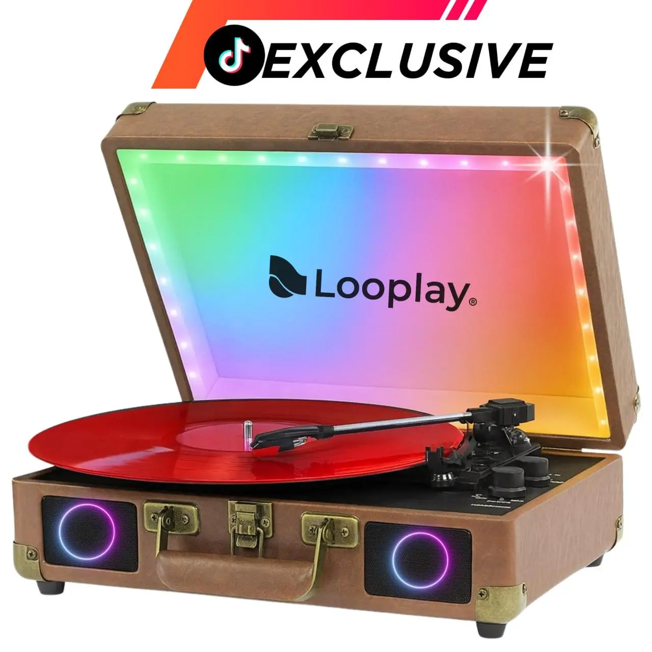 Looplay Bluetooth Record Player with Built-in Stereo Speakers | 3-Speed Portable Suitcase Turntable | LED Lights, Auto Stop, RCA Output | Vintage Vinyl LP Player