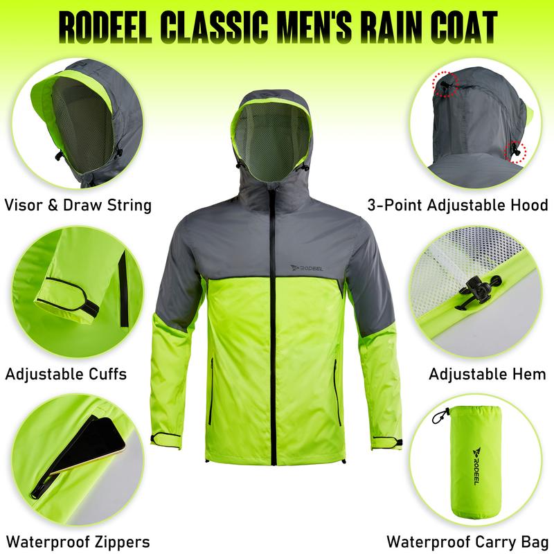 【RODEEL】710 Waterproof Jacket with Storage Pouch Men High Visibility Lightweight Breathable Hooded Rainwear Durable Rain Coat Weatherproof Windbreaker For Outdoor Sports Hiking Camping Fishing Boating Construction Landscaping Gardening, Holiday Gift