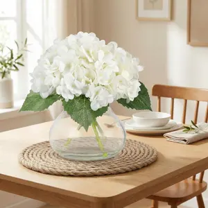 White Fake Flowers, Artificial Hydrangea Flowers with Vase & Fake Water, Silk Faux Flower Arrangements for Coffee Table Decor, Bathroom Plant Decor
