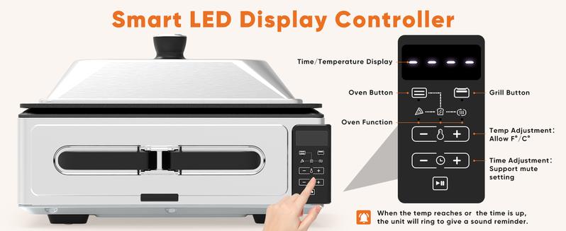 Sweetcrispy Electric Grill Indoor for Steak & Veggies Smokeless Griddle with Lid Temp Control Grill Plate Splash Guard Crumb Tray 2-in-1 Multifunctional Cooking Modes Pizza Toast Grill Warm