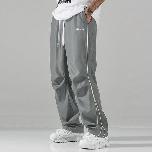 Men's 100% Polyester Baggy Grey Track Pants - Grey Side Strips, Gold Decorative Bars, Lightweight Soft Fabric, Large Cut, Casual Gym Streetwear Clothing, Boyfriend Gift, Menswear Essential Bottoms, M, Clothes, XL