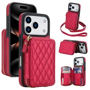 Crossbody Wallet Case For iPhone 17 Pro Max 16 15 Pro Max 14 13 12 11, RFID Blocking PU Leather Zipper Handbag Purse Flip Cover, Kickstand Folio Case with Card Slots Holder Wrist Strap Lanyard