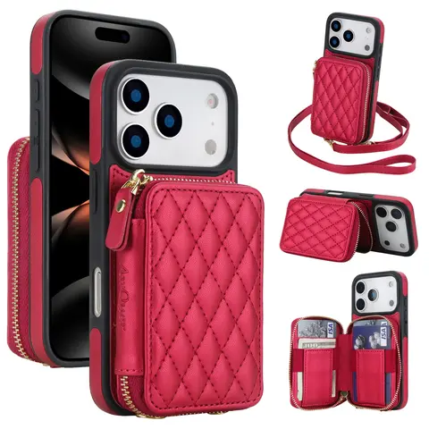 Crossbody Wallet Case For iPhone 18 Pro Max 17 Pro Max 16 15 Pro Max 14 13 12 11, RFID Blocking PU Leather Zipper Handbag Purse Flip Cover, Kickstand Folio Case with Card Slots Holder Wrist Strap Lanyard