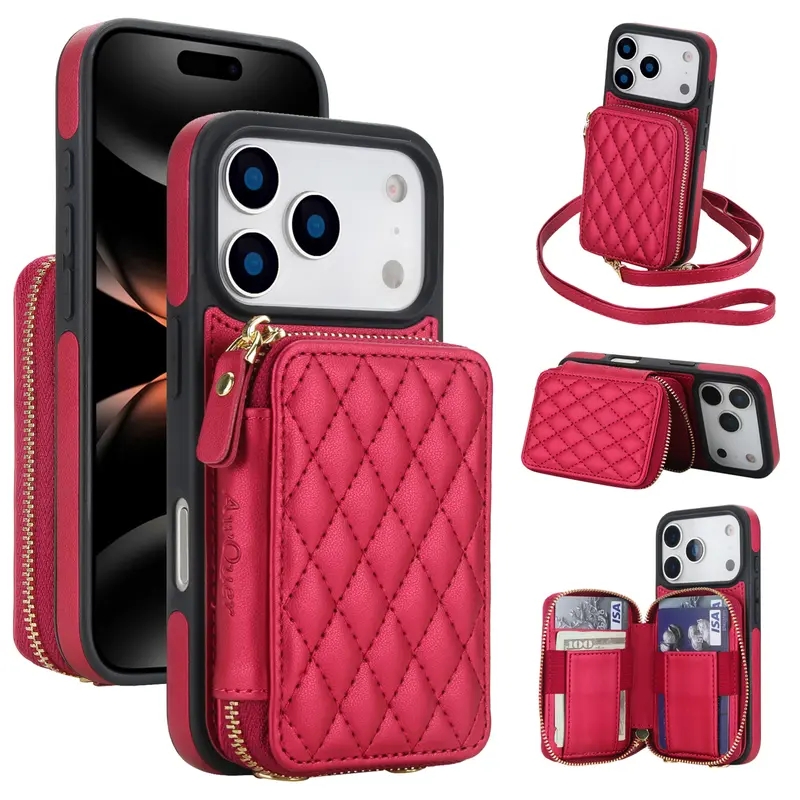 Crossbody Wallet Case For iPhone 17 Pro Max 16 15 Pro Max 14 13 12 11, RFID Blocking PU Leather Zipper Handbag Purse Flip Cover, Kickstand Folio Case with Card Slots Holder Wrist Strap Lanyard