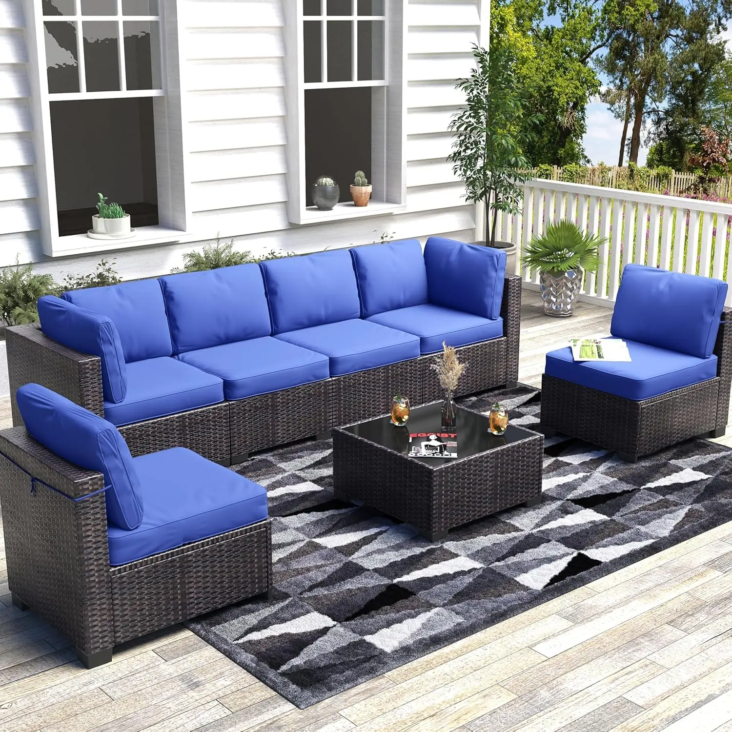 7-Piece Patio Sectional Sofa Set - Wicker Rattan Outdoor Furniture with Cushions & Glass Coffee Table, Waterproof Conversation Set for Garden, Backyard, Porch, Poolside, Patio Furniture Sets