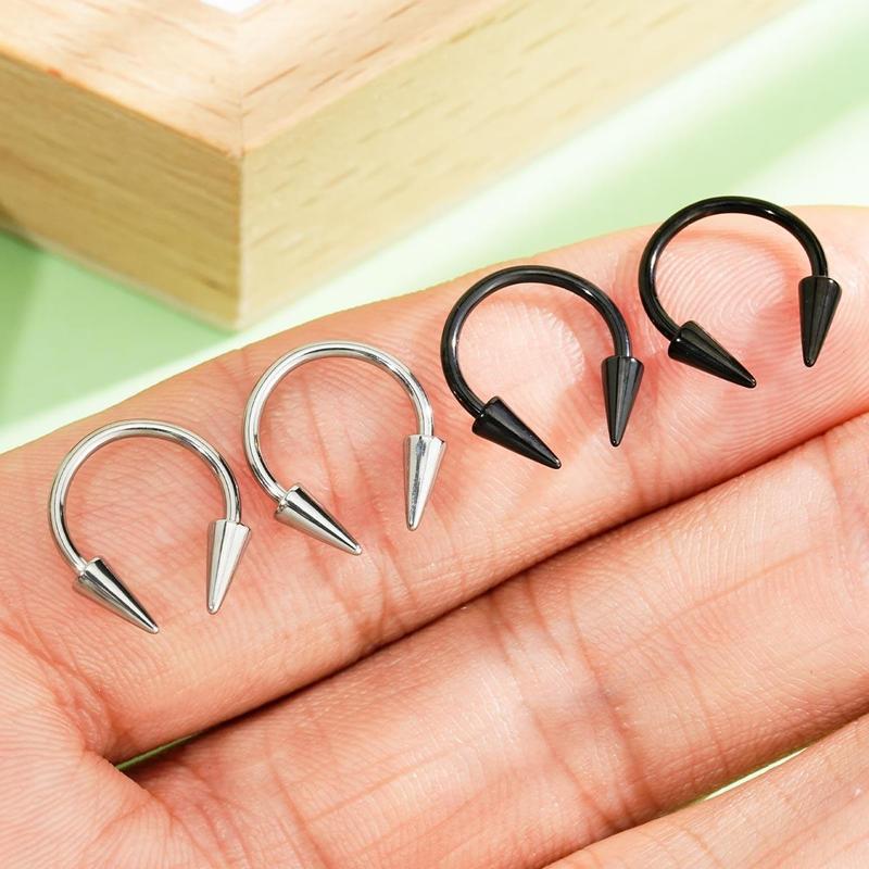 Oufer 16G 4PCS Long Spike Septum Piercing Ring Helix Horseshoe Ring Balck Silver Inner Diameter 8mm 10mm 12mm