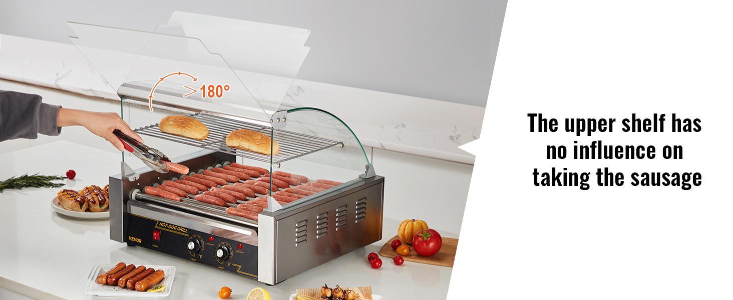VEVOR Hot Dog Roller, TikTokShopBlackFriday, 11 Rollers 30 Hot Dogs Capacity, 1650W Stainless Sausage Grill Cooker Machine with Dual Temp Control Glass Hood Acrylic Cover Bun Warmer Shelf Removable Drip Tray, ETL Certified