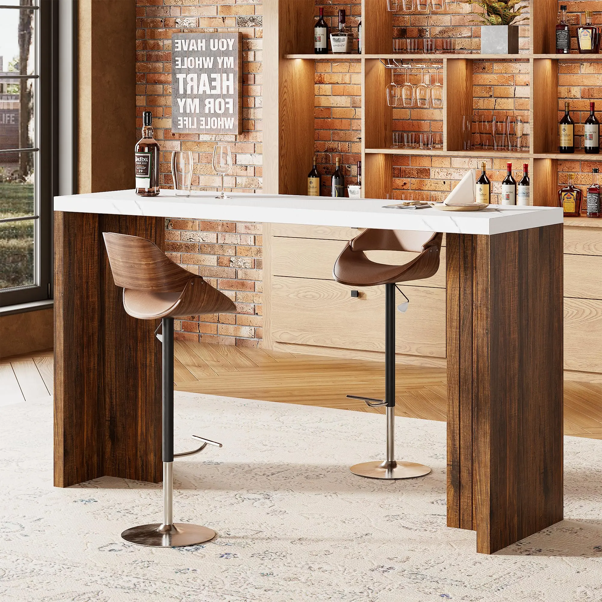 Garvee Bar Table for 4-6 People - 55” Long Counter Height Pub with Extra Thickened Tabletop, Modern Rectangular Home Bar Coffee Unit for Kitchen, Dining Room, Balcony, Living Room, Basement, White+Walnut