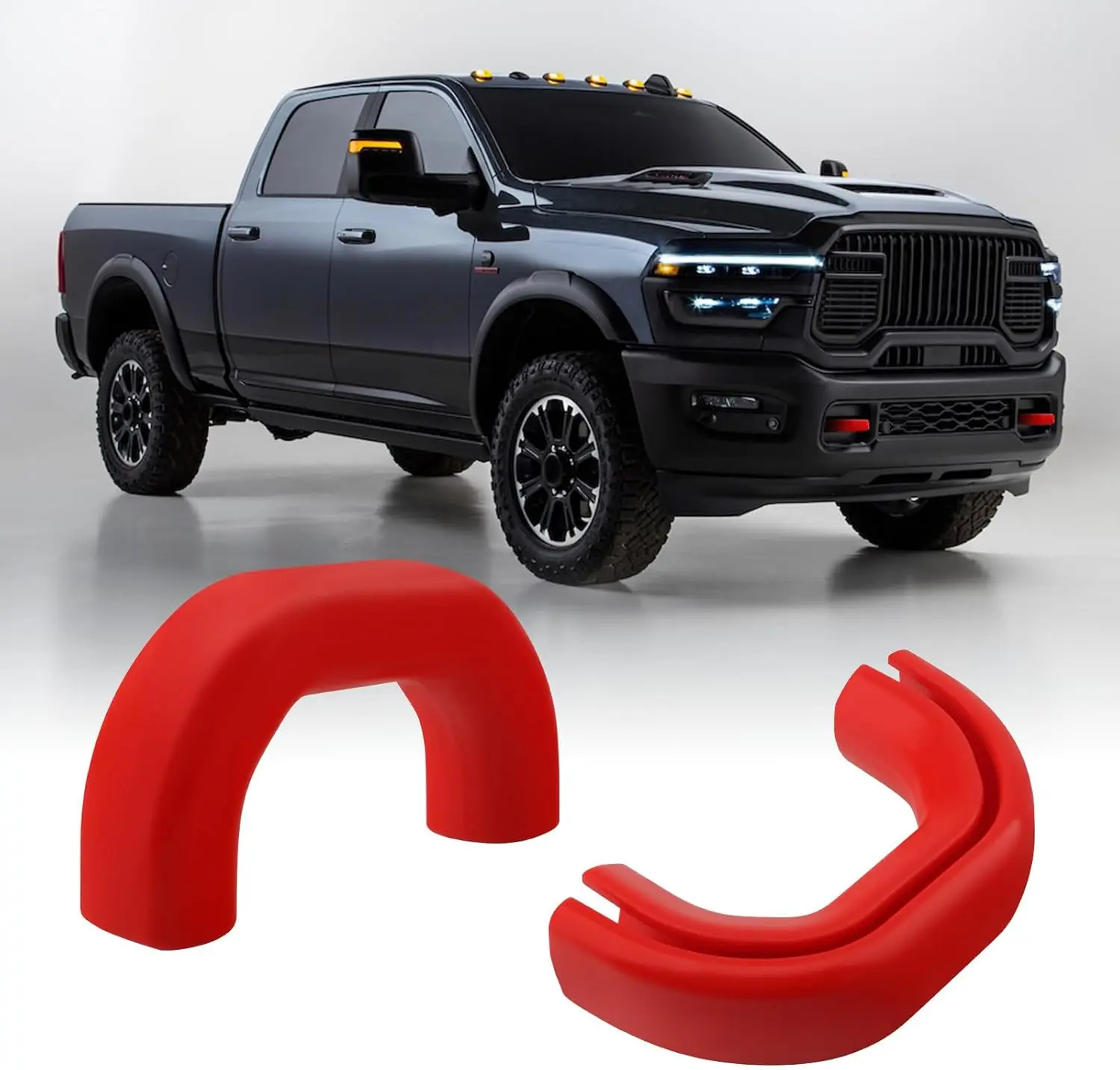 Red Front Tow Hook Cover Set - Snug Fit Customized Hitch Covers for RAM 2500/3500 (2019-2026) Vehicle Towing Needs, RAM Truck Merch Aftermarket Automotive Exterior Accessories for Semi, Western Pickup Trucks, Front Hooks, Easy Install, No Tools