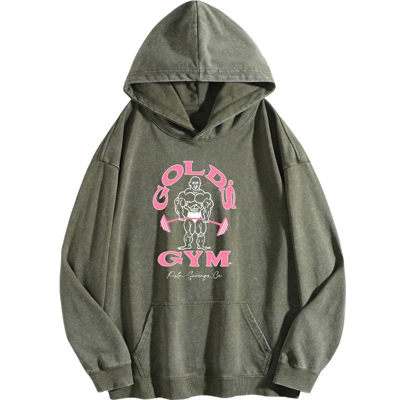 Holafish Women's Gold's Gym Print Acid Wash Hoodie Vintage 2026 Oversized Loose Fit Winter Warm Streetwear Casual Tunic Graphic Long Sleeve Sweatshirt