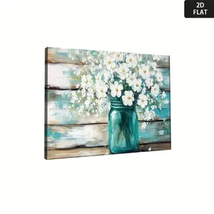 2D Flat, Turquoise Blue & White Mason Jar Floral Canvas Print - Turquoise Blue-Green Wood Plank Background Wall Art - izable Farmhouse Boho Home Décor, 2D Flat	
