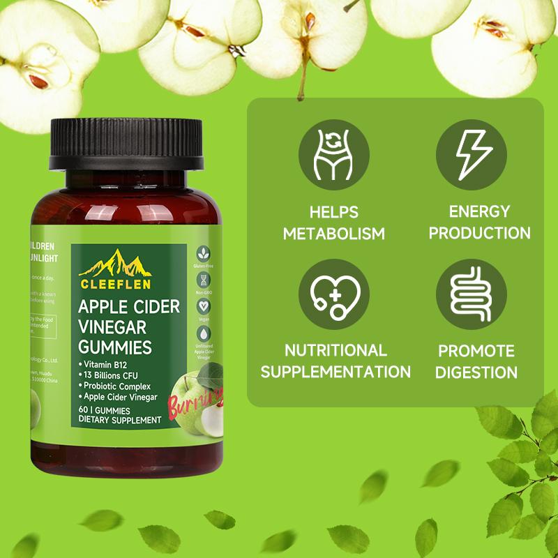 CLEEFLEN Apple Cider Vinegar Gummies, with Vitamin B12 and Probiotics, Supports Digestive Health, Detox Cleanse, Immune Boost, Gluten-Free, Suitable for Vegetarians [60 Gummies] Natural Supplement