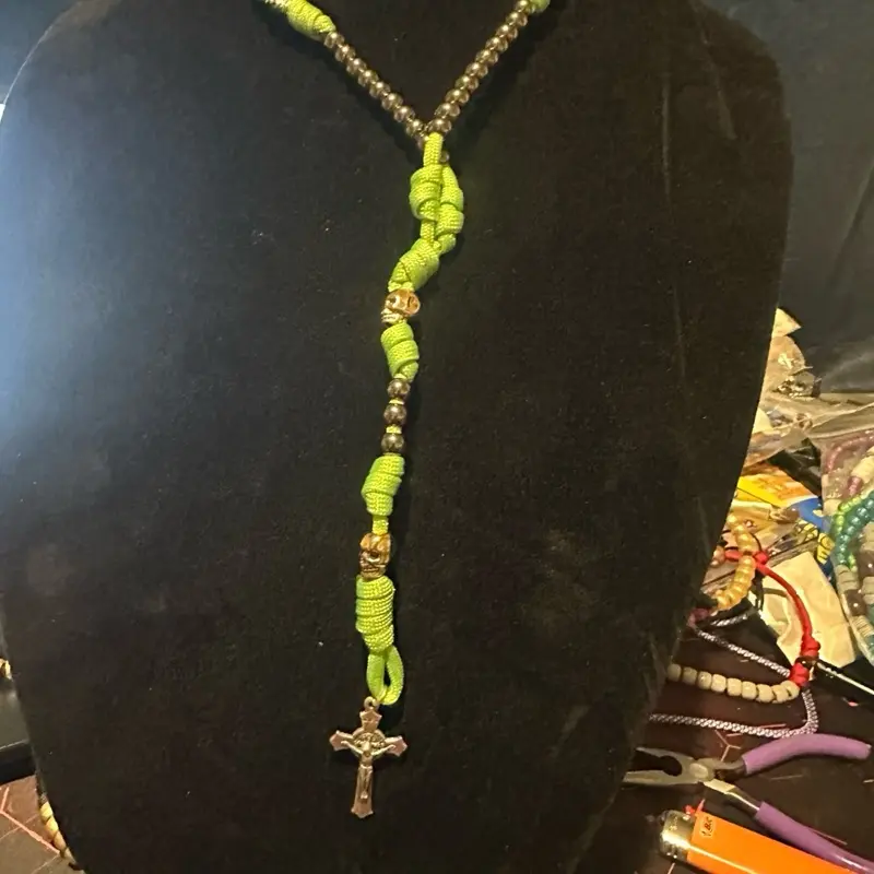 Handmade paracord 5 decade rosary blessed “ The Johnny”  Memento mori neon Green, with black chrome and gold skullbeads
