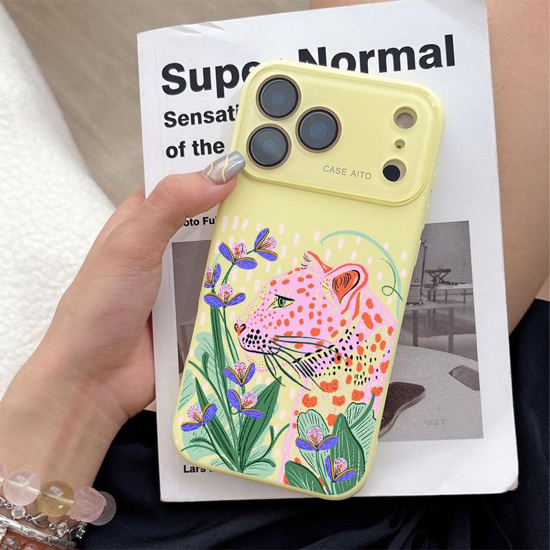 Pink Leopard Art Case for iPhone 17 Pro Max 17Air 17 16E 16 15 14 13 12, Ultra Skin-Friendly TPU, All-Inclusive Glass Lens Protection, Aesthetic Leopard Print Gift, Dopamine Ins Style Solid Color Cover, Shockproof Slim Case, Lens Window Design