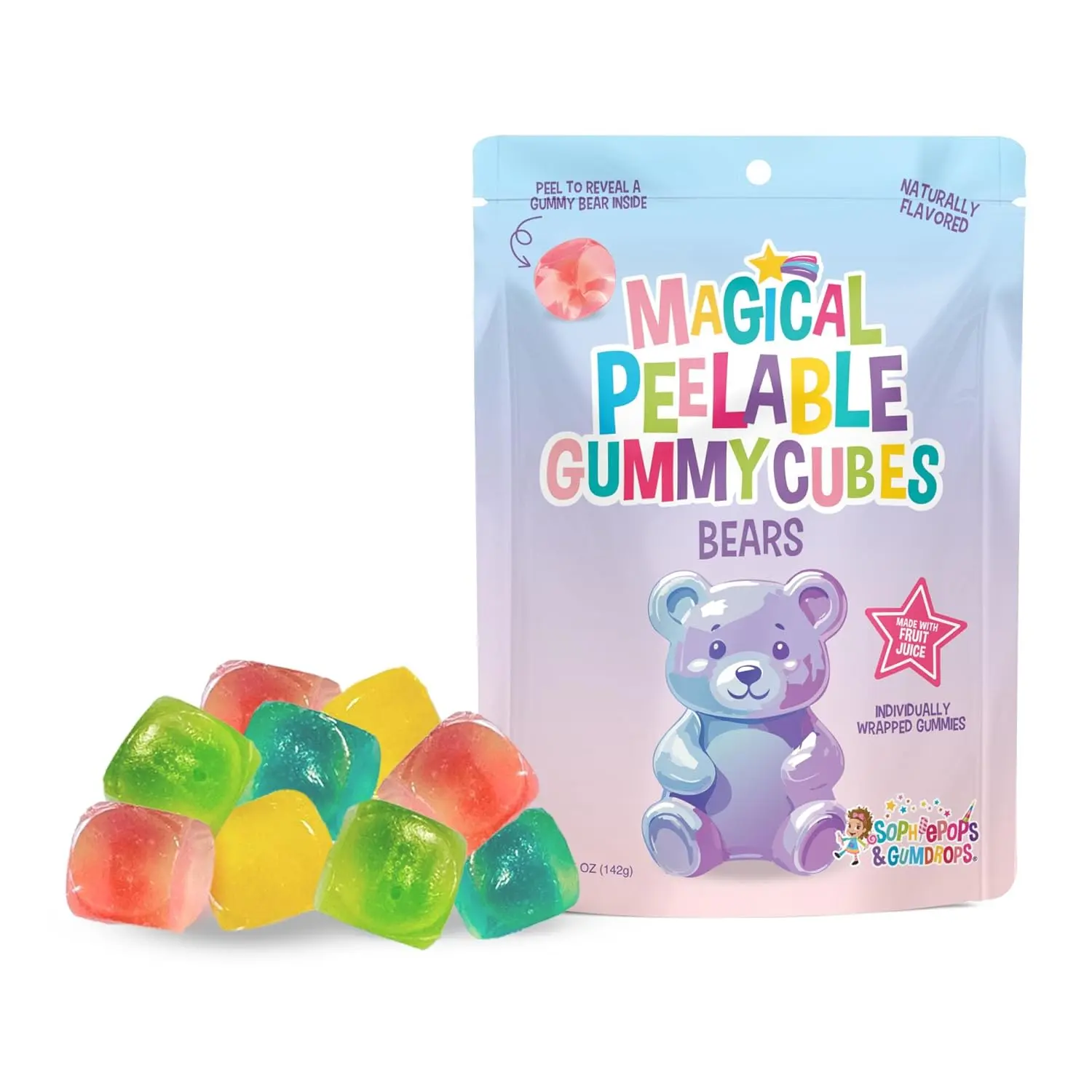 Sophiepops & Gumdrops Magical Peelable Gummy Bear Cubes 5 oz - Individually Wrapped Fruity Snacks, Fat Nut Gluten Free, Soft Chewy Texture, Assorted Natural Flavors, Perfect for Kids Adults - Bonbon