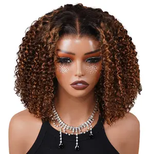 OQ HAIR Ready to Go Ombre Brown Water Wave Short Curly Bob Wig Glueless 7X5 Lace Wig Human Hair Pre-Cut Lace