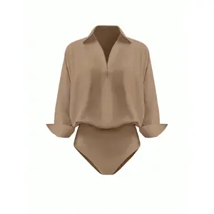 Flip collar casual solid color jumpsuit, fitted solid color, suitable for all seasons, elegant women's item