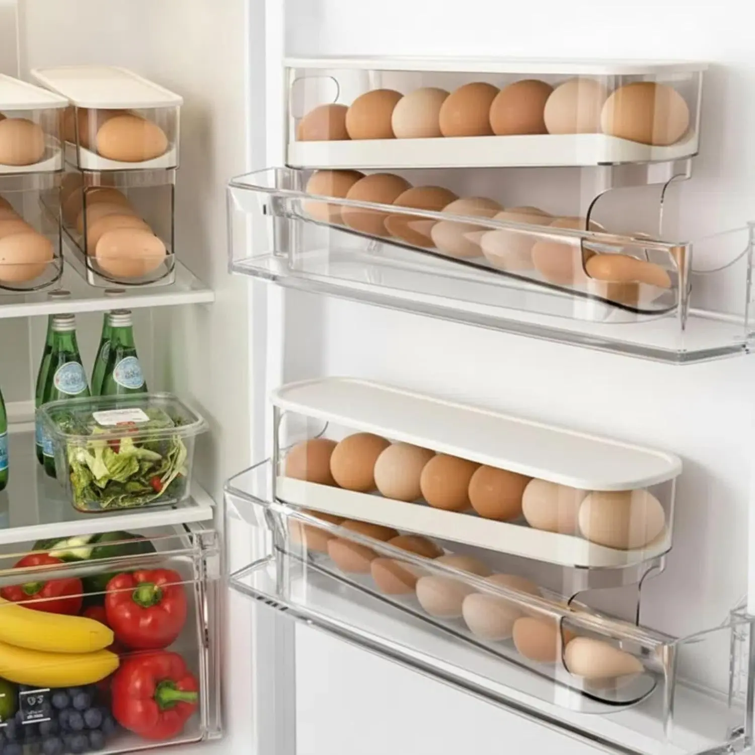 Automatic Rolling Egg Dispensers for Refrigerator, Auto Rolling Fridge Egg Organizer, Home Egg Container With Lid and Handle for Refrigerator Organization, Slim Countertop, Kitchen Space Saving Container, Dispenser