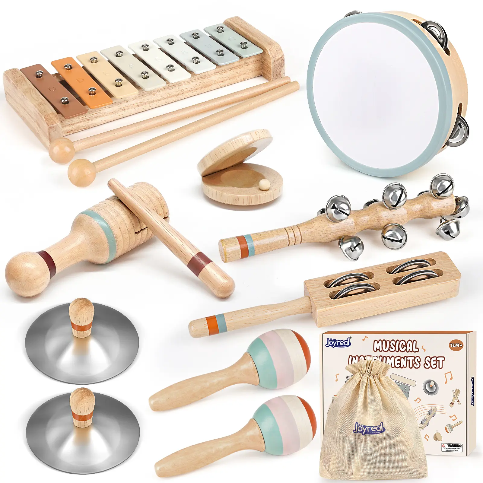 JOYREAL Wooden Musical Instrument Set for Kids, Montessori Toy for Preschool Learning Includes Drum Bells & Accessories,Christmas Gift for Toddlers Percussion
