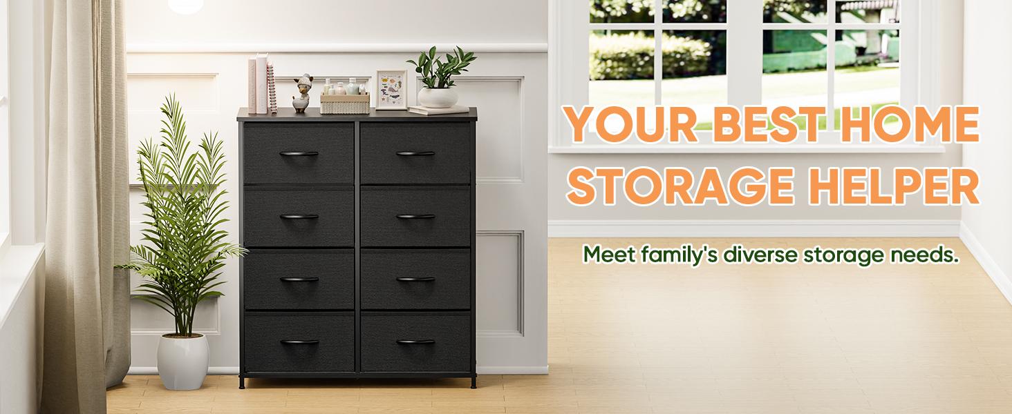 Dresser for Bedroom with 8 Fabric Drawers, Tall Chest Organizer Units for Clothing, Closet, Kidsroom, Storage Tower with Cabinet, Metal Frame, Wooden Top, Lightweight Nursery Furniture