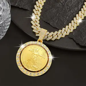 Lady Liberty Coin Pendant Cuban Chain Necklace Hip Hop Jewelry Rapper Style Chain Necklace Gift for Men, Women, Unisex Statement Piece Gold Plated Amulet