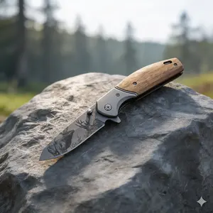 Premium Wood Handle Folding Pocket Knife with Deer Engraving