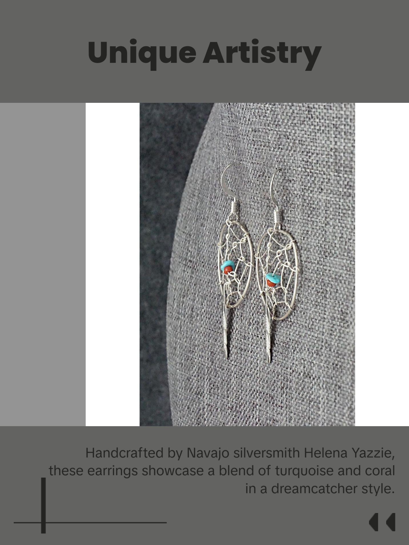 Turquoise, Coral & Sterling Silver Earrings - Helena Yazzie