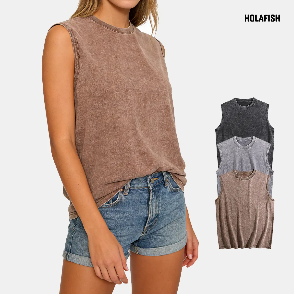 Holafish Women's 2/3Pcs Breathable Acid Wash Muscle Tee Vests, Unisex Casual Crewneck Loose-Fit Sleeveless Summer Tops with Quality Fabric, Cap-Ready Design