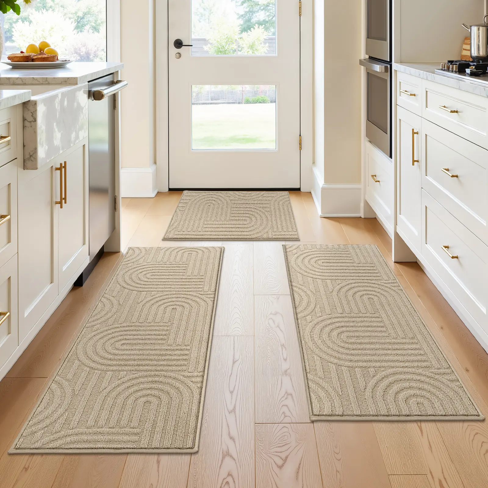 LOKHOM 3-Piece Kitchen Mat Sets, Water-Absorbent Non-Slip Boho Area Rugs, Machine-Washable Farmhouse Rugs for Kitchen, Laundry, Balcony