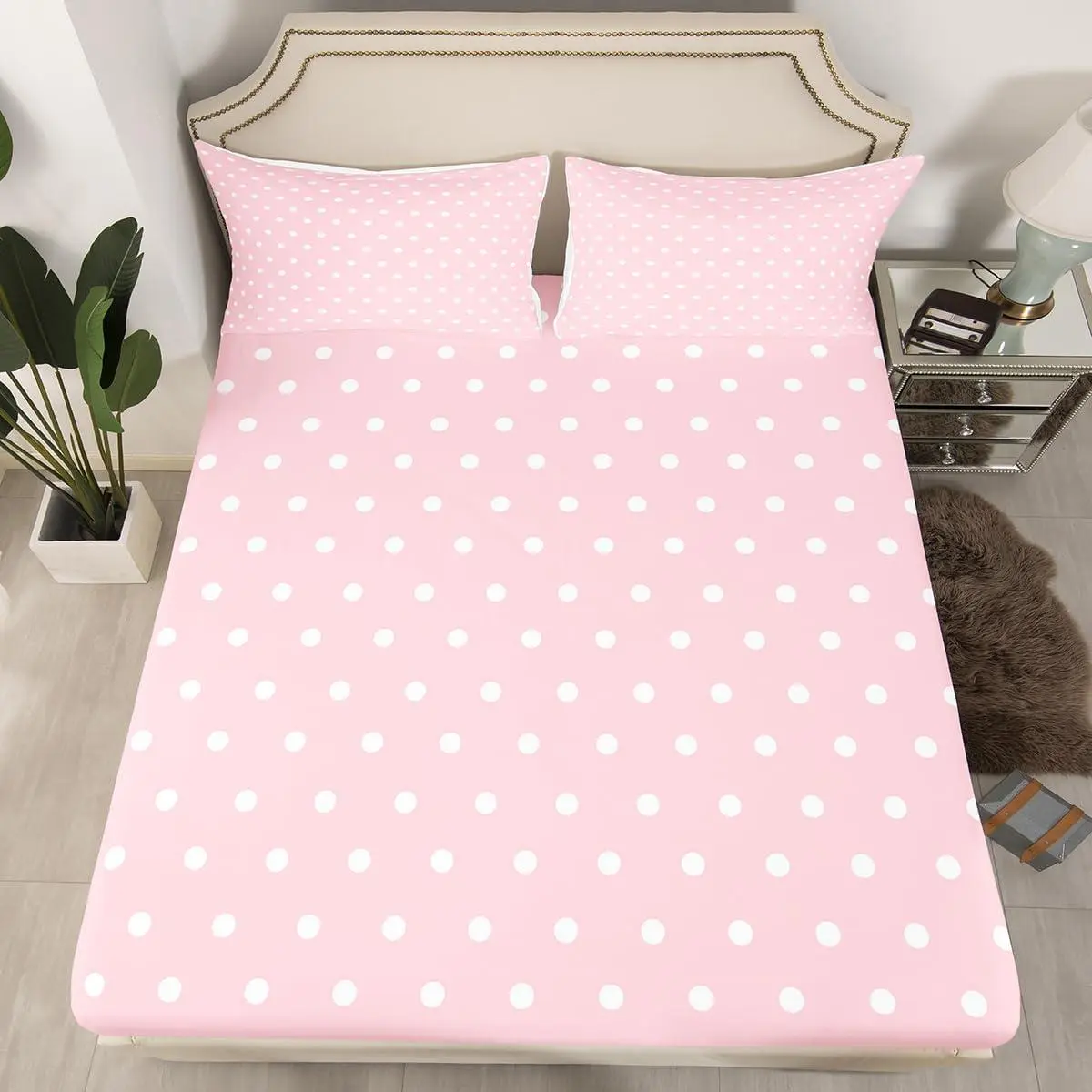 Feelyou Pink White Polka Dot Abstract Look Fitted Bed Sheets Set, Deep Pocket Microfiber Bedding, Breathable Soft Home Decor Items