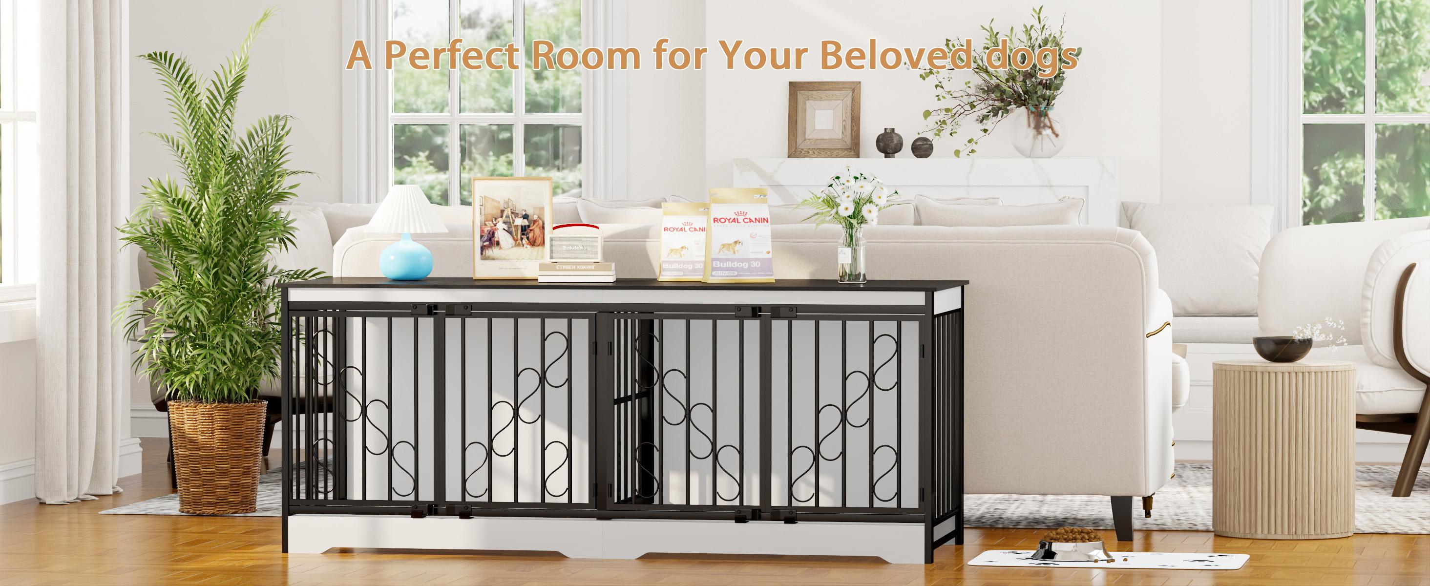 COZPAW 71"/78"/86" White Double Dog Crate Furniture for 2 Dogs, Heavy Duty Wooden Dog Kennel Furniture Indoor TV Stand, Modern Dog Crates for Large Medium Small Dogs with Divider