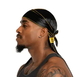 Nick Wavy Collection - Satin Durag (Black Body / Yellow Stitch)
