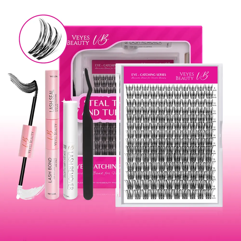VEYESBEAUTY Mink Faux Fur Lash Cluster Kit, Handcrafted DIY False Eyelashes & Adhesives for Adults, Wispy Style with Ultra-thin Invisible Band, 2-16mm Mixed Lengths for At-Home Use, Subtle Volume, Open Eyes, DIY Lash Look Saves Salon Time, Lashes Clusters