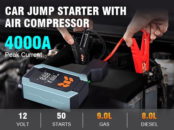 Portable Car Jump Starter with Air Compressor, 4000A 150PSI Battery Jumper Starter (9.0 Gas/8.0L Diesel), 12V Jump Box with Smart Jumper Cables, Tire Pressure Display, LED Flashlight and LCD Display