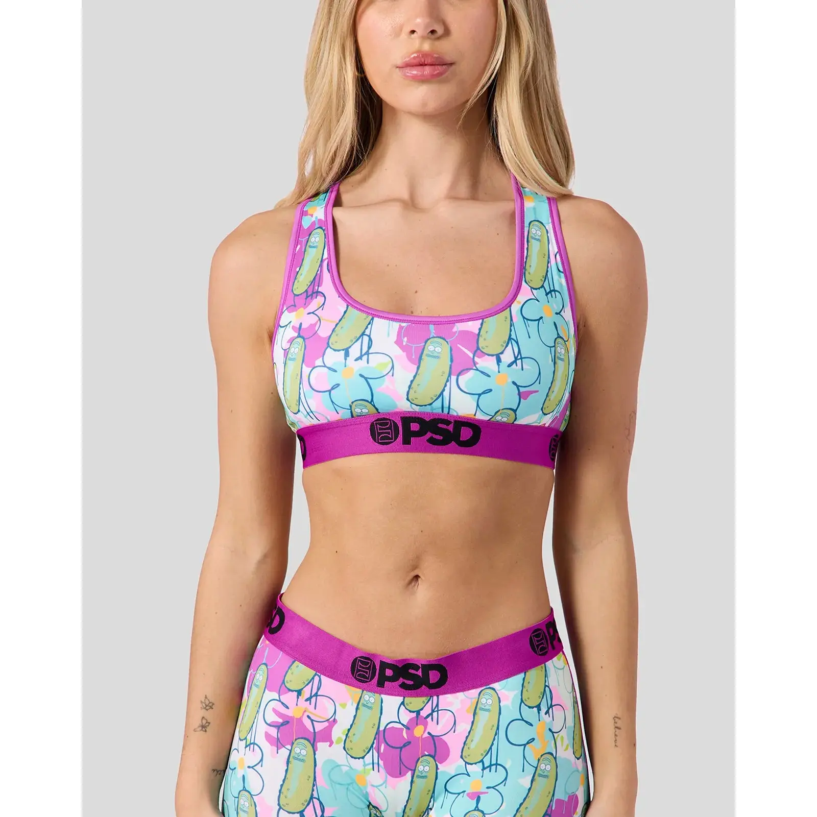 PSD Womens Rick and Morty - Pickle Drip Racerback Sports Bra - Comfortable, Breathable, Ultra-light Fabric