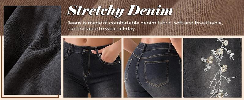 Emmiol Women’s Embroidered Bell Bottom Jeans – Stretchy Flared Mid-Rise Vintage Denim, 90s Y2K Retro Jeans with Floral Embroidery, Soft Stretch Fabric, and High-Comfort Fit