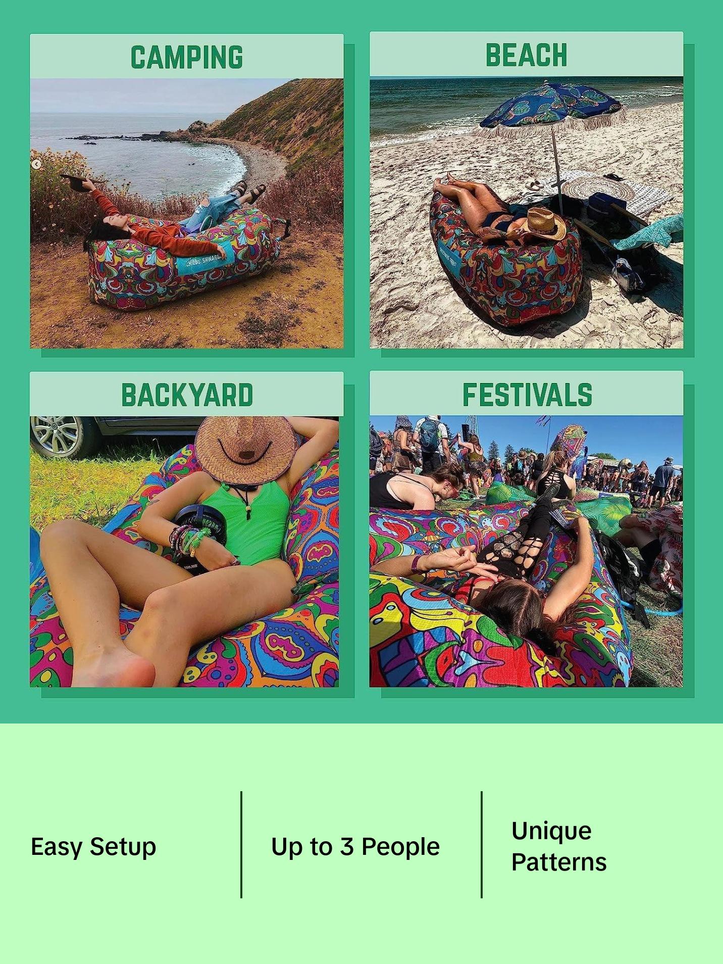 Shwaggins Inflatable Couch – Cool Inflatable Lounger Easy Setup Is Perfect for Beach Gear, Camping Fun and Festival Accessories. Shwaggins Inflatable Couch – Cool Inflatable Lounger Easy Setup Is Perfect for Beach Gear, Camping Fun and Festival Accessories.