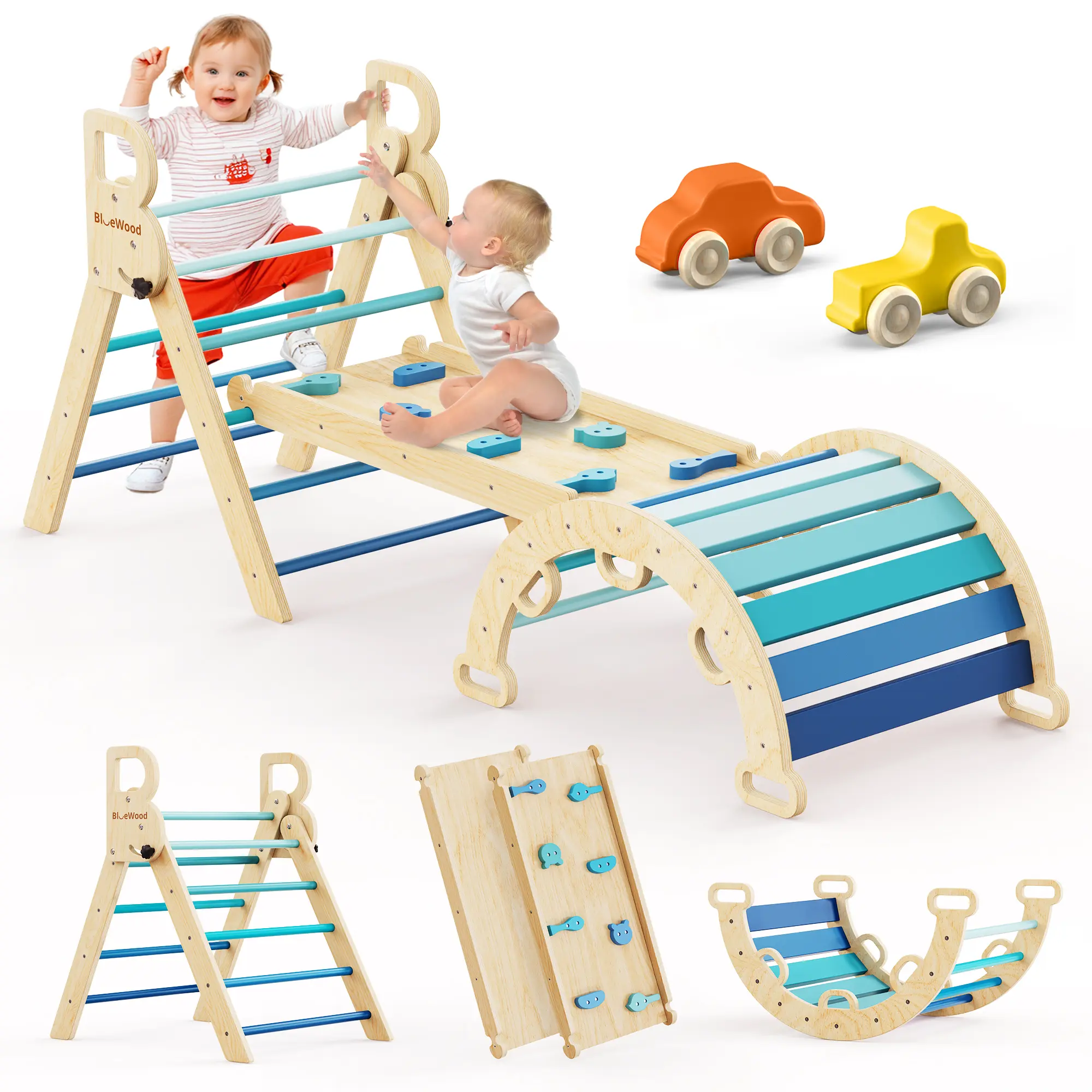 BlueWood Montessori Climbing Toys for Toddler, new Pikler Triangle Set in  Gardient Blue
