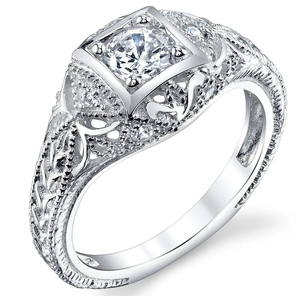 Vintage Sterling Silver Ring with Carved Detail, Rhodium Plated .50 Ct CZ Band, Hypoallergenic Engagement Rings for Bridal Wear, Vintage Artificial Gemstone Rings
