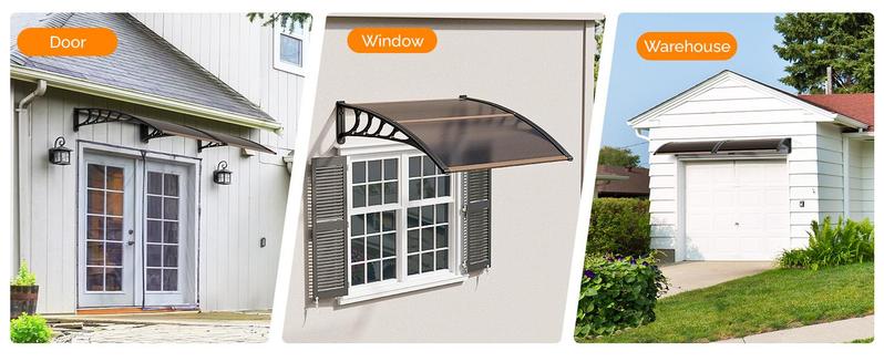 Ubesgoo Window Awning Door Canopy, 80*38 inch Window Awning Overhead Modern Polycarbonate Cover Outdoor Front Porch Patio Canopy UV Rain Snow Sunlight Protection Hollow Sheet/Brown