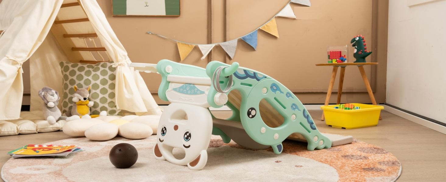 Costzon Toddler Rocking Chair with Basketball Hoop, Rocking Horse, Slide, Foldable Climber Rocking Chair playset for Both Indoors Outdoor Use, Christmas Festival Gift Black Friday Cyber Monday