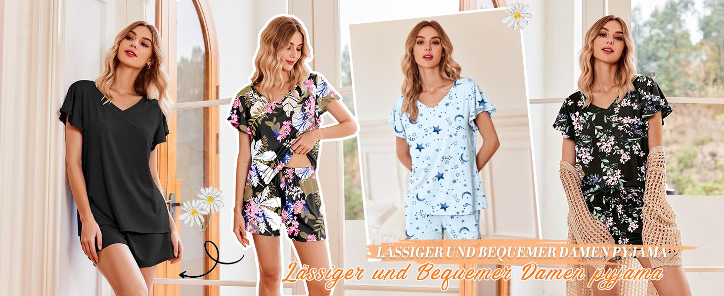 EKOUAER Women's Breathable Comfort Cute Set Ruffle Sleeves  V Neck Comfy 2 Pack Set with Pockets S-XXL