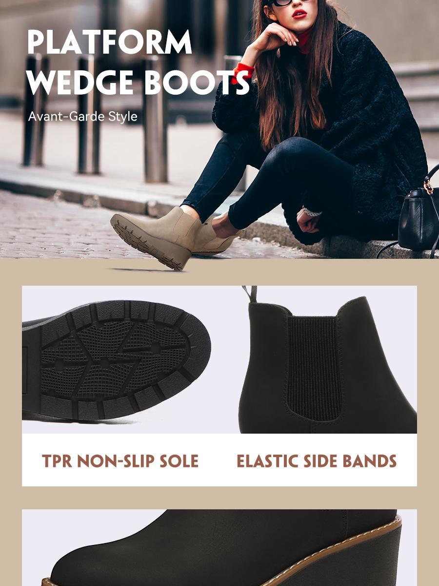 Athlefit Women's Chelsea Wedge Boots Elastic Platform Lug Sole Slip on Wedge Ankle Booties boots  women winter boots Girl Walking Shoes Footwear Pu SpringStatements