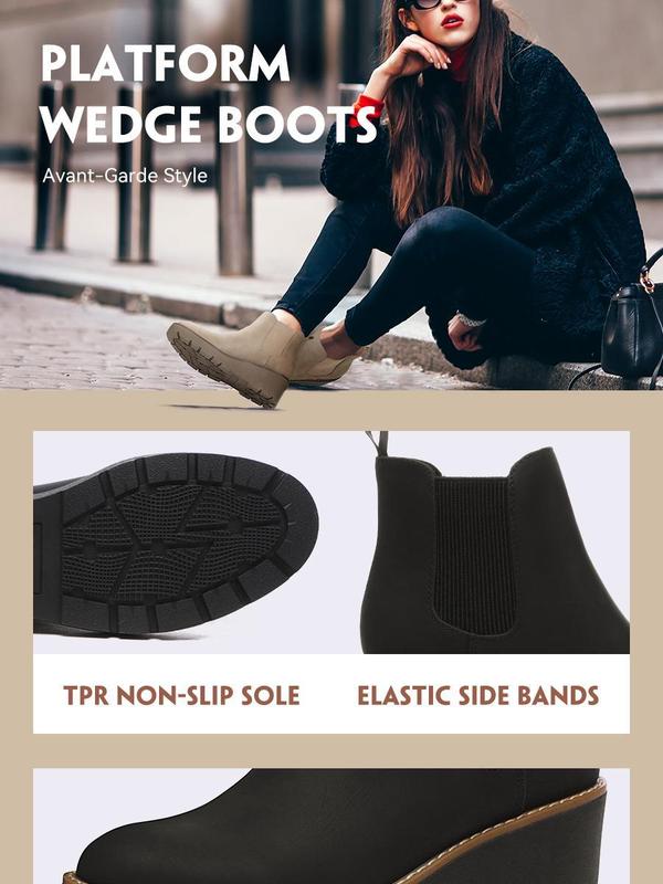 Athlefit Women's Chelsea Wedge Boots Elastic Platform Lug Sole Slip on Wedge Ankle Booties boots  women winter boots Girl Walking Shoes Footwear Pu