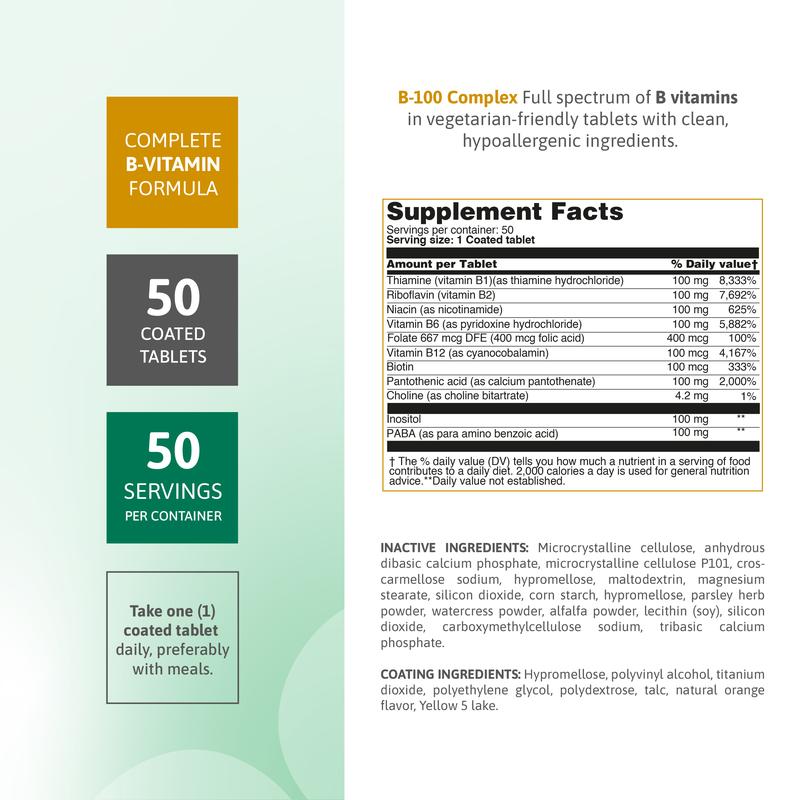 B-100 Complex – Complete Vitamin B Formula – 50 Coated Tablets