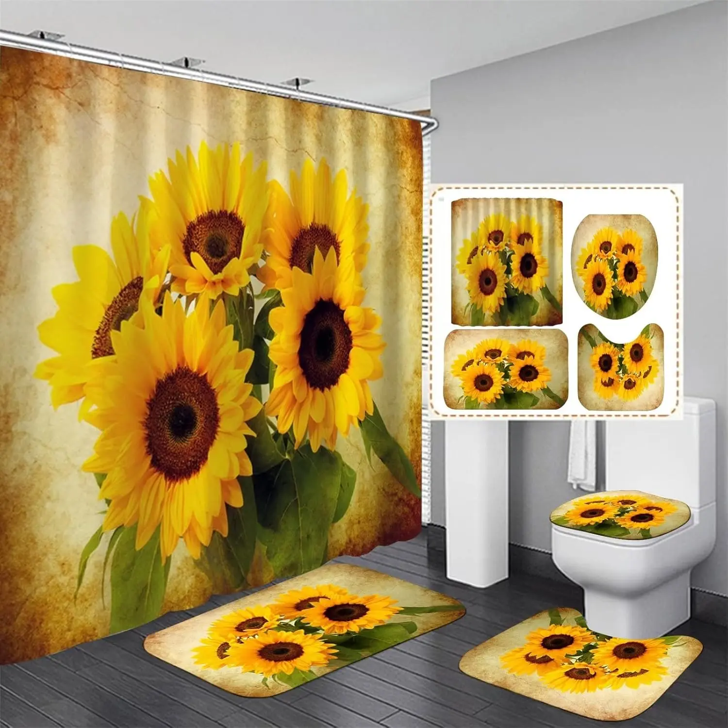 Sunflower Shower Curtain Sets with Rugs 4 Piece Flower Floral Decor for Bathroom Toilet Bathroom Mat, Curtain and 12/24 Hooks